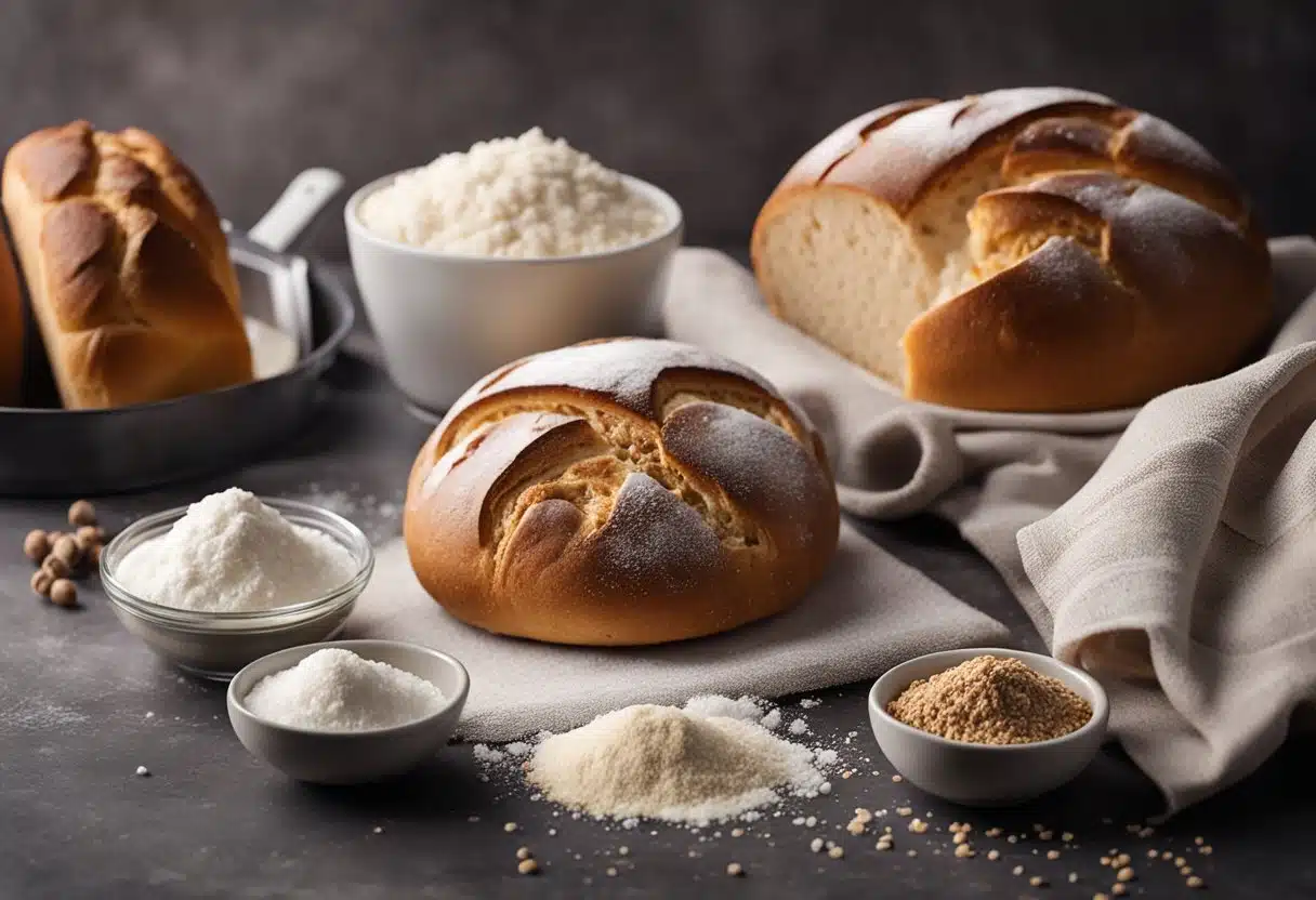 A table with a loaf of bread, flour, yeast, salt, and water. A mixing bowl and measuring cups sit nearby