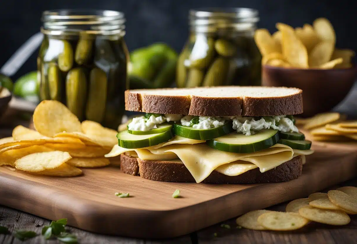 A sandwich is placed on a wooden cutting board next to a jar of pickles and a bowl of potato chips. A knife is nearby, ready to slice the sandwich