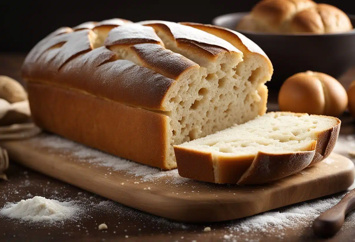 A loaf of freshly baked sandwich bread sits on a wooden cutting board, surrounded by scattered flour and a rolling pin