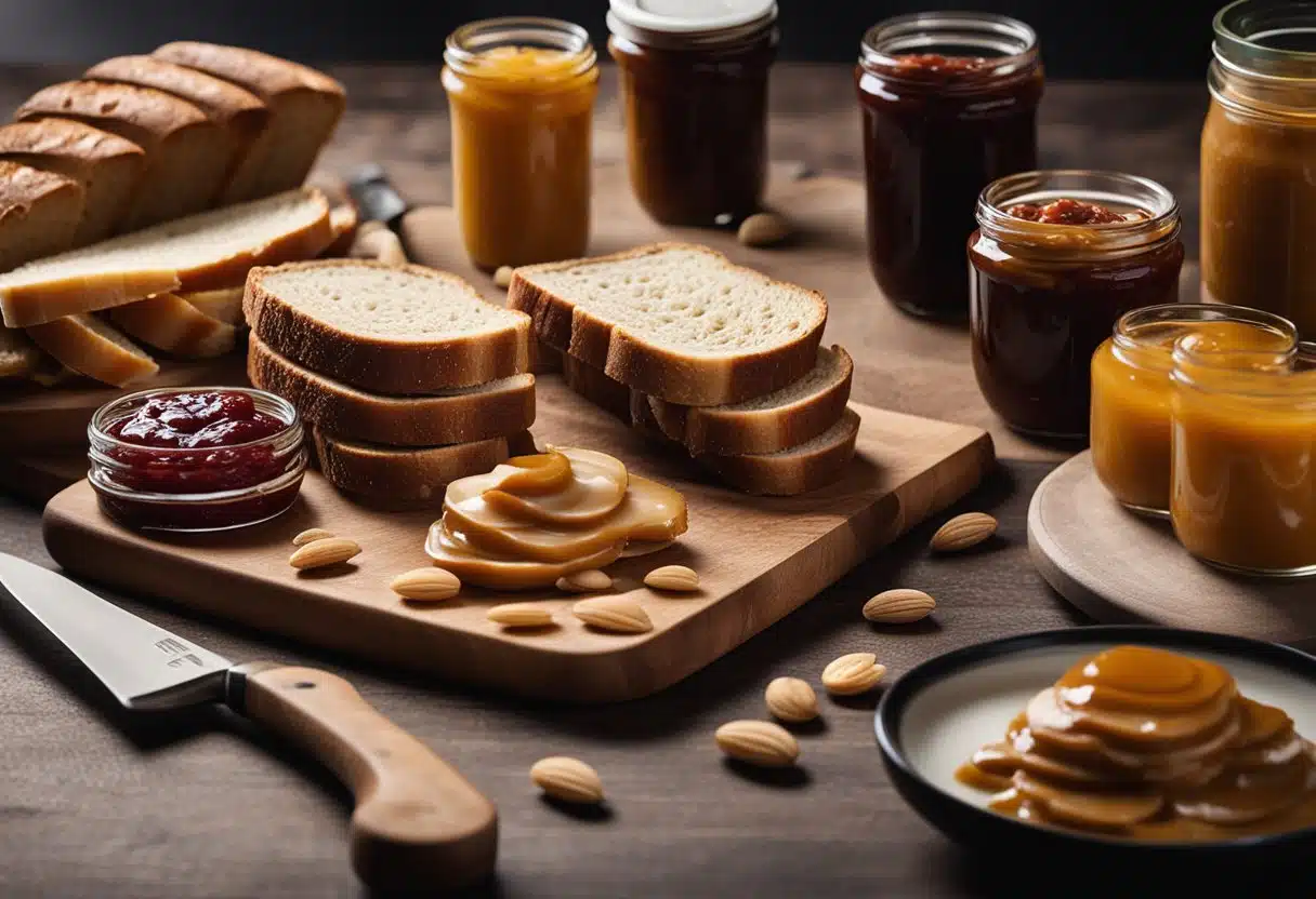 A cutting board with sliced bread, a jar of peanut butter, a knife, and a plate with a spread of jam