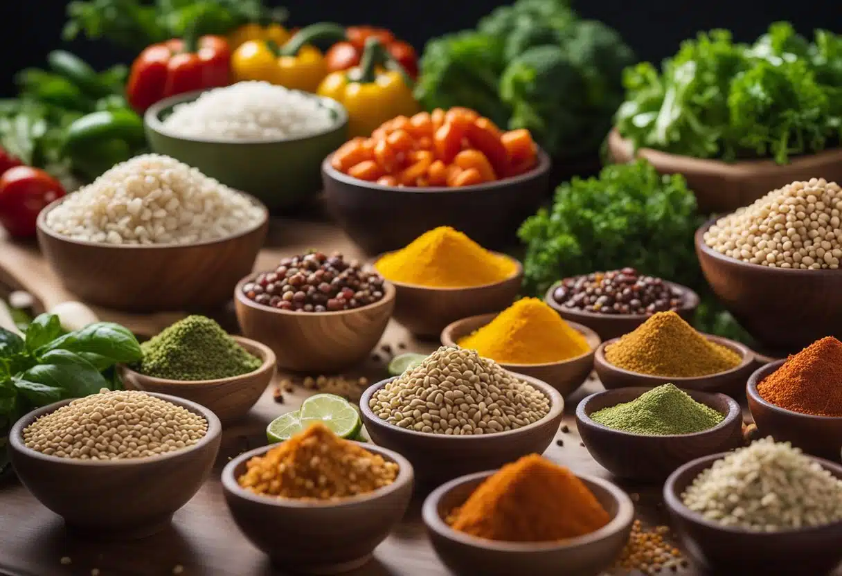 Fresh vegetables being chopped, grains being measured, and colorful spices being sprinkled onto a cutting board. Ingredients are neatly organized in bowls, ready for cooking