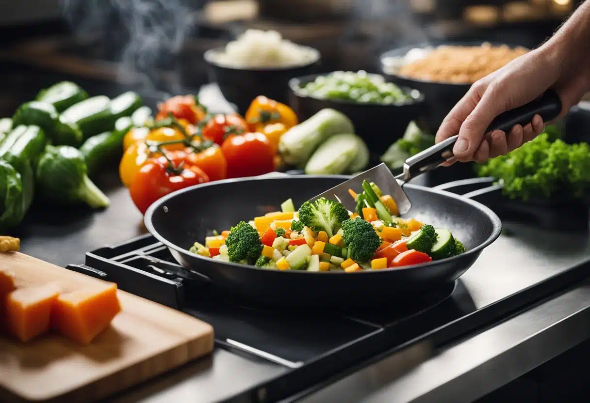 Fresh vegetables being chopped on a cutting board, grains simmering on the stove, and marinated proteins being grilled on a hot pan