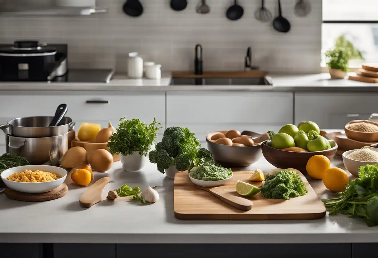 Fresh ingredients arranged on a clean, organized countertop. Various kitchen utensils and cutting boards are ready for use. A cookbook with meal prep recipes is open to a page with detailed instructions