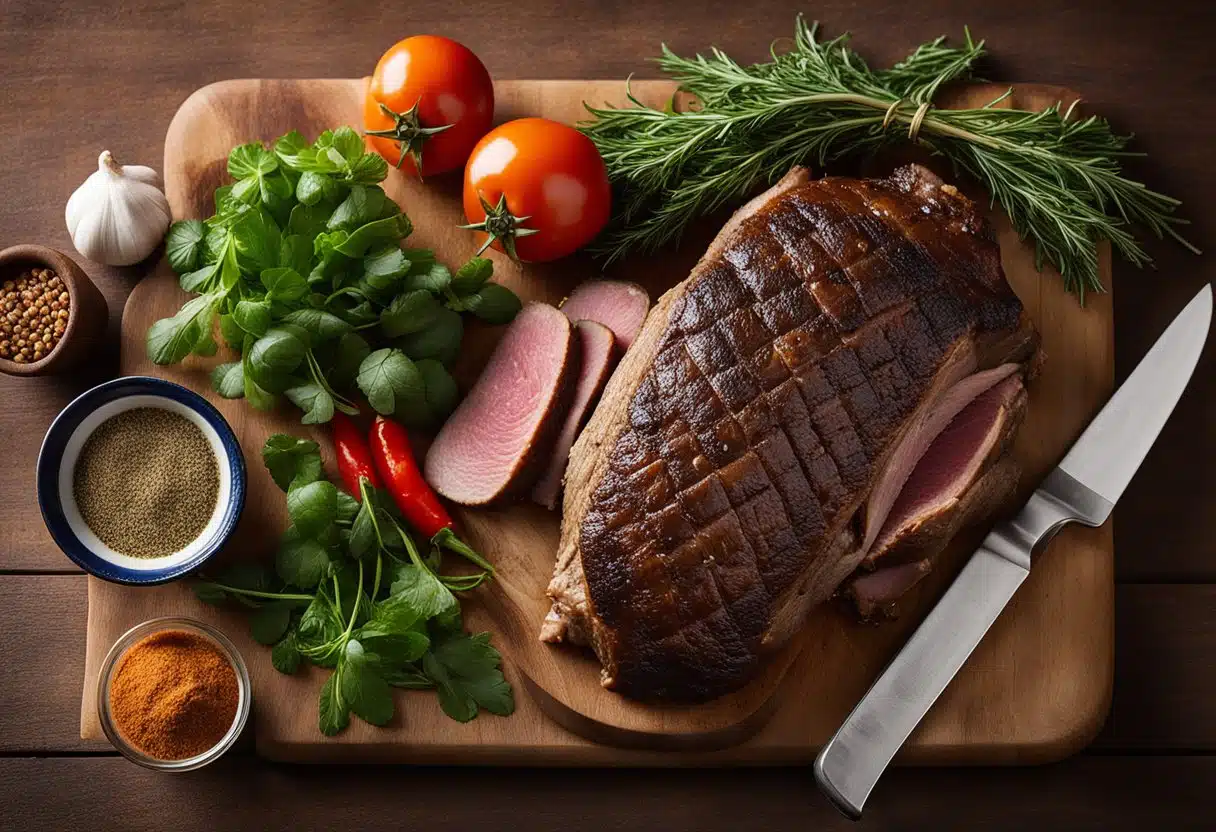 A chuck roast sits on a cutting board surrounded by herbs, spices, and kitchen tools, ready to be seasoned and seared for a delicious recipe