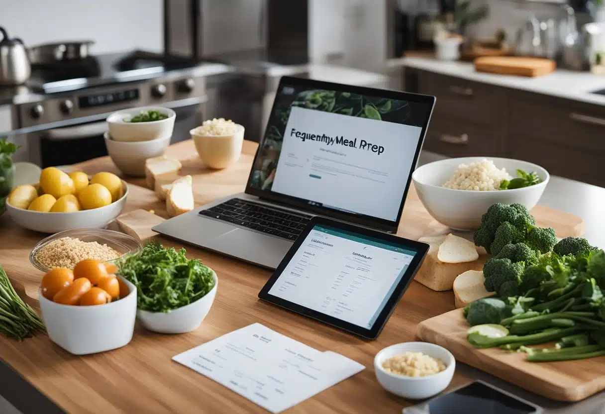 A kitchen counter with various ingredients, cutting boards, and cooking utensils laid out for meal prep. Recipe cards and a laptop with "Frequently Asked Questions meal prep recipes" on the screen