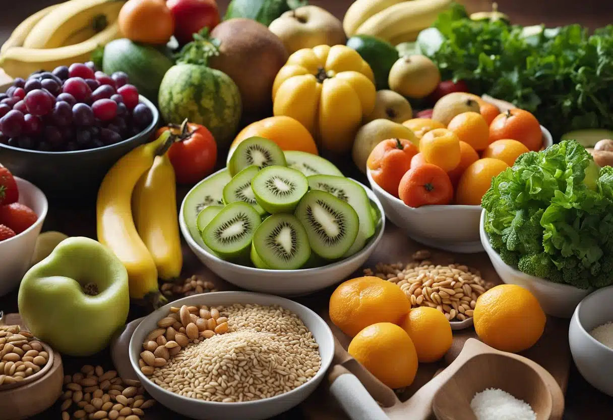 A colorful array of fresh fruits, vegetables, and whole grains arranged on a clean, organized kitchen counter. Measuring cups, cutting boards, and various cooking utensils are neatly laid out, ready for use