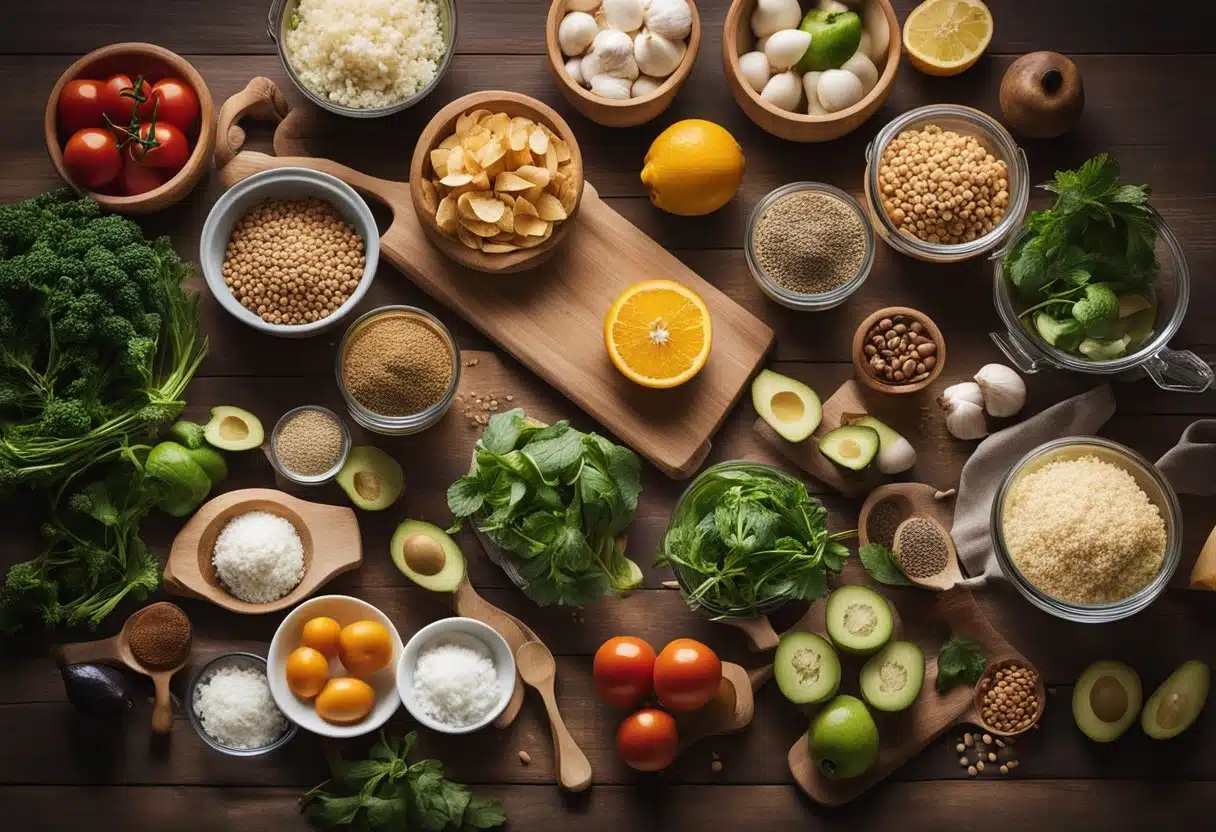 A kitchen counter with various ingredients, cutting boards, and utensils laid out for meal prep. Recipe books and containers are scattered around