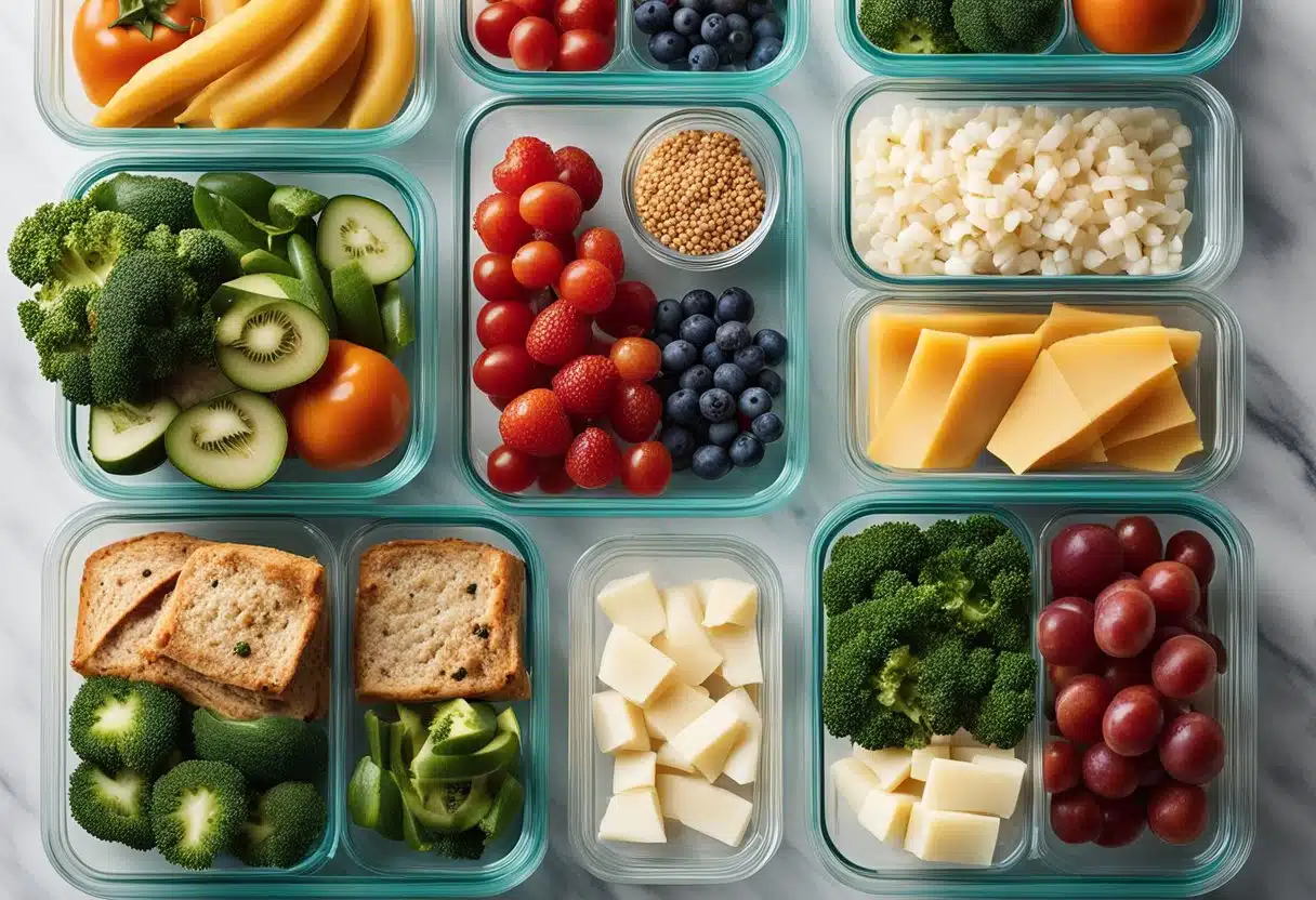 A kitchen counter with organized meal prep containers, fresh ingredients, and recipe cards laid out for planning your meal prep