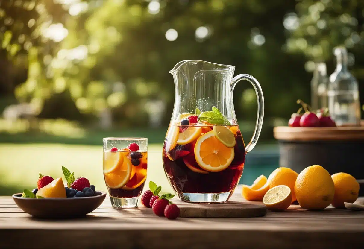 A pitcher of sangria surrounded by fresh fruit and ice, with a backdrop of a sunny outdoor setting