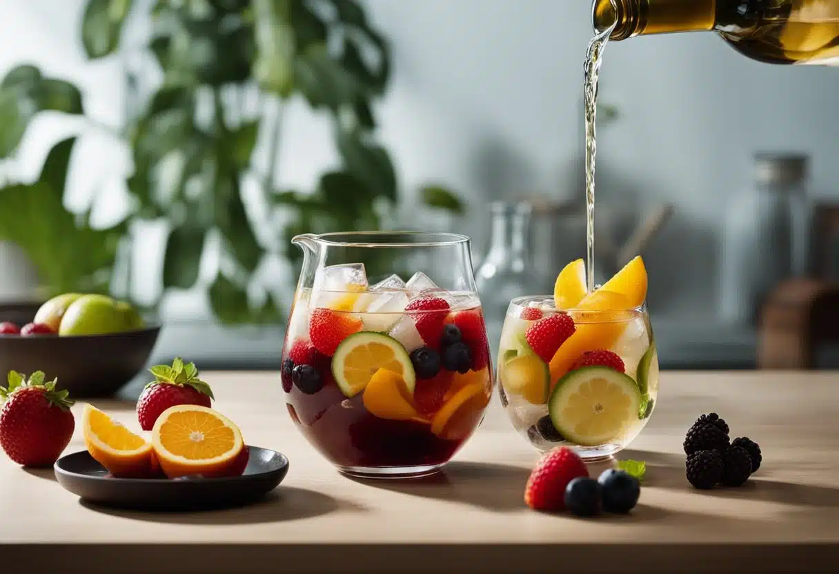 A pitcher filled with sliced fruits, ice, and a bottle of wine. A spoon stirring the mixture with a splash of soda water