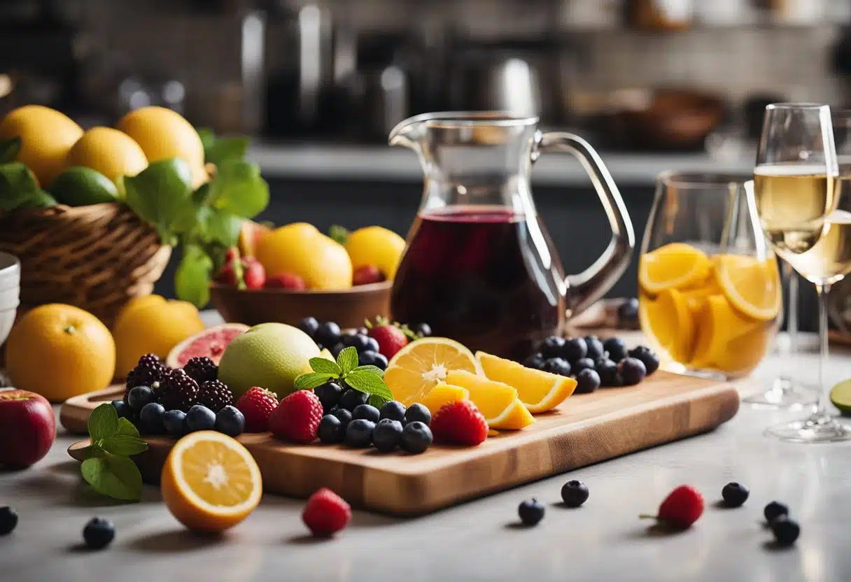 Fresh fruits sliced on a cutting board, a pitcher filled with wine, and various ingredients laid out on a kitchen counter for making summer sangria