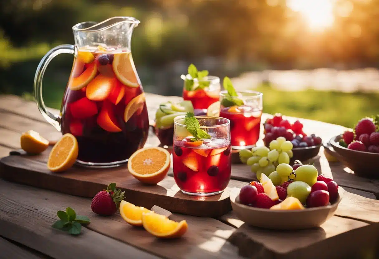 A pitcher of vibrant red sangria sits on a rustic wooden table, surrounded by a spread of colorful fruits and appetizers. The sun is setting in the background, casting a warm glow over the scene