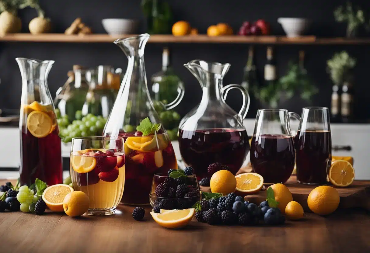 A table set with various pitchers, fruits, and bottles of wine for making summer sangria variations