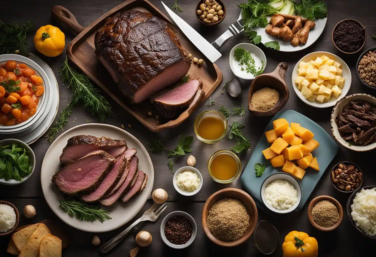 A chuck roast surrounded by various ingredients and cooking utensils, with a cookbook open to a page titled "Frequently Asked Questions chuck roast recipes."