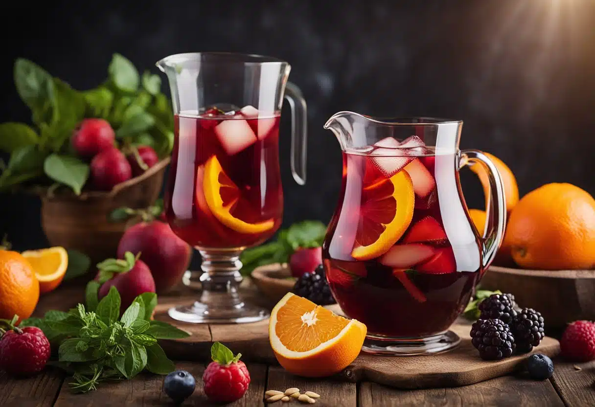 A pitcher of vibrant red sangria sits on a rustic wooden table, surrounded by fresh fruit and fragrant herbs. A glass is being filled with the refreshing drink, garnished with a slice of orange