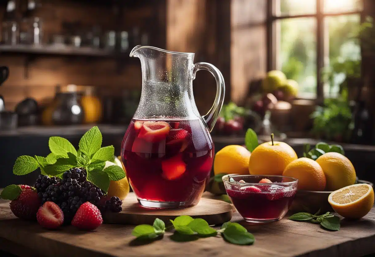 A pitcher of sangria sits on a rustic wooden table, surrounded by fresh fruit and herbs. Safety goggles and gloves are nearby, along with labeled storage containers for the ingredients