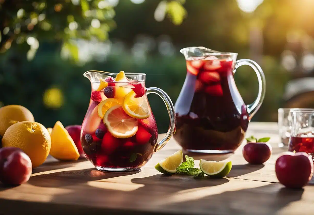 A pitcher of refreshing sangria sits on a sun-drenched outdoor table, surrounded by vibrant, fresh fruit and a scattering of ice cubes