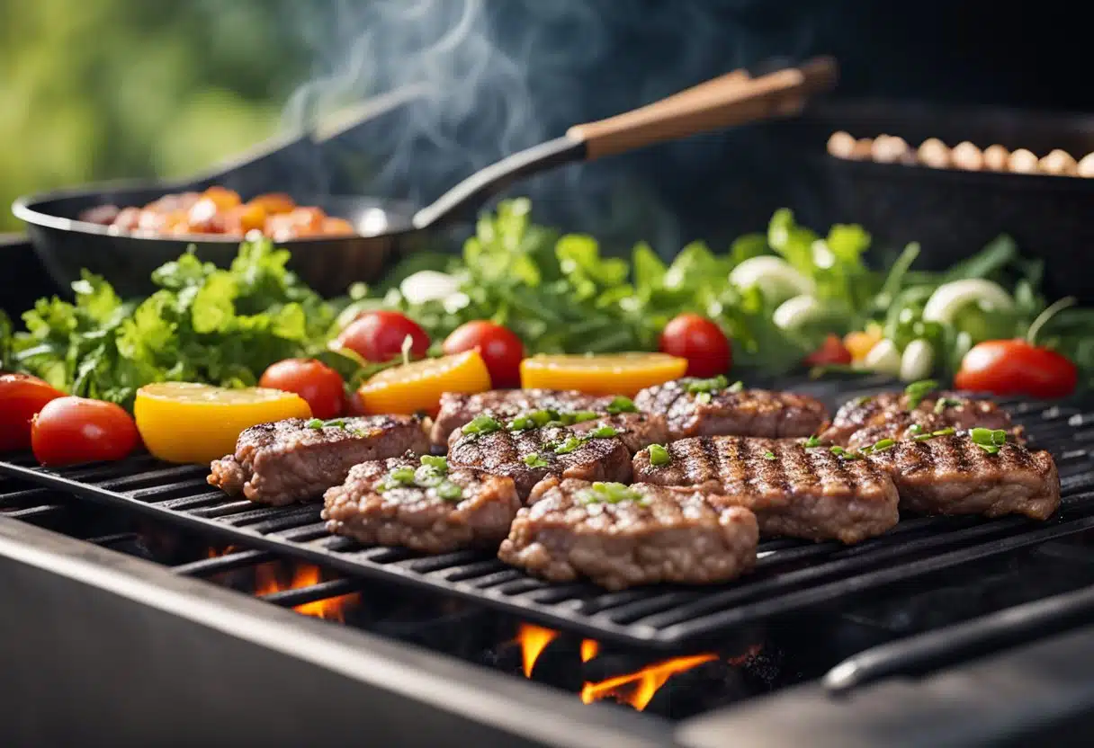 A sizzling grill cooks lean ground beef with colorful vegetables and herbs, ready for summer recipes