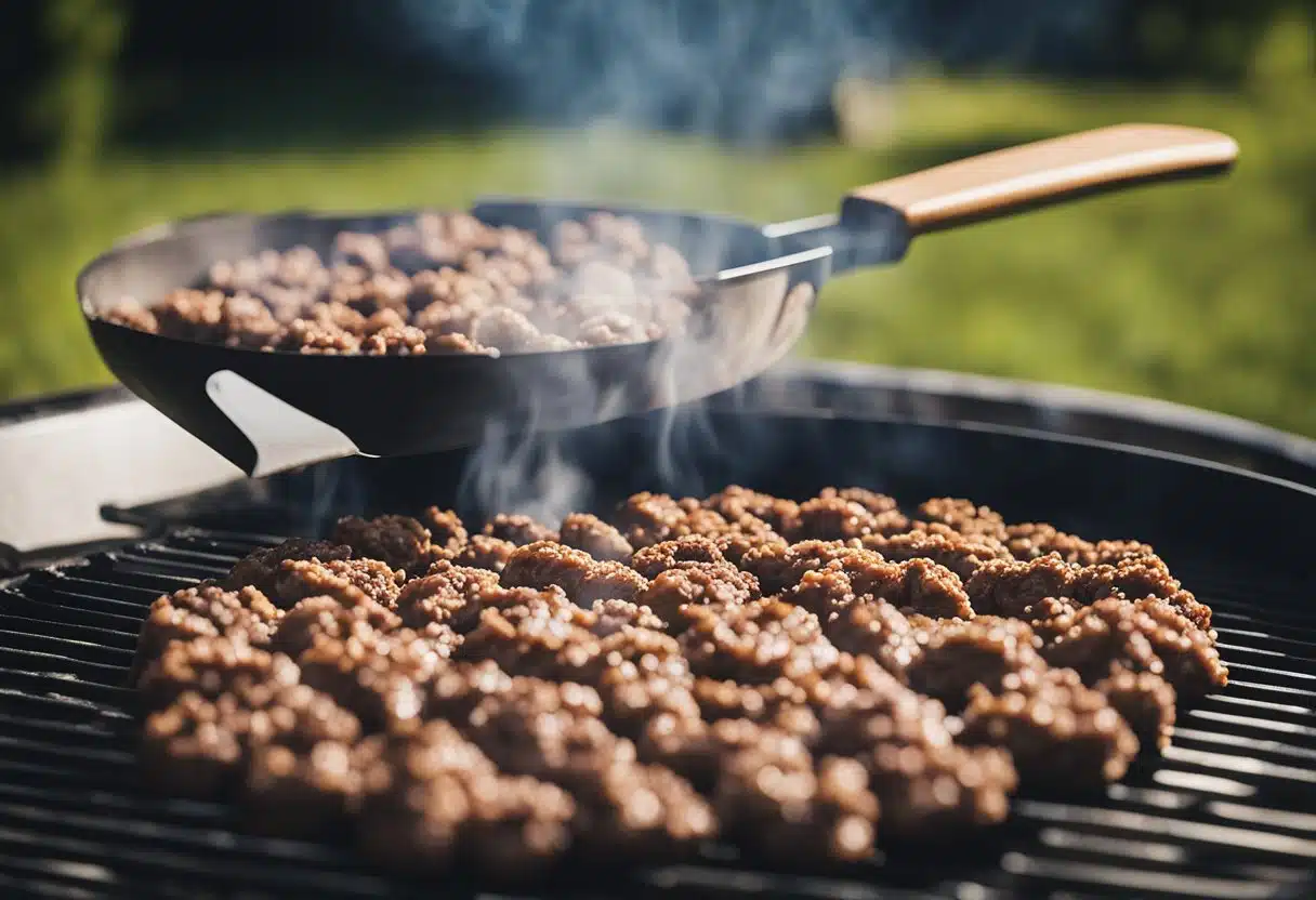 Ground beef sizzling on a hot grill, smoke rising in the air. A spatula flips the meat as it cooks to perfection. Sun shining down on the outdoor cooking area