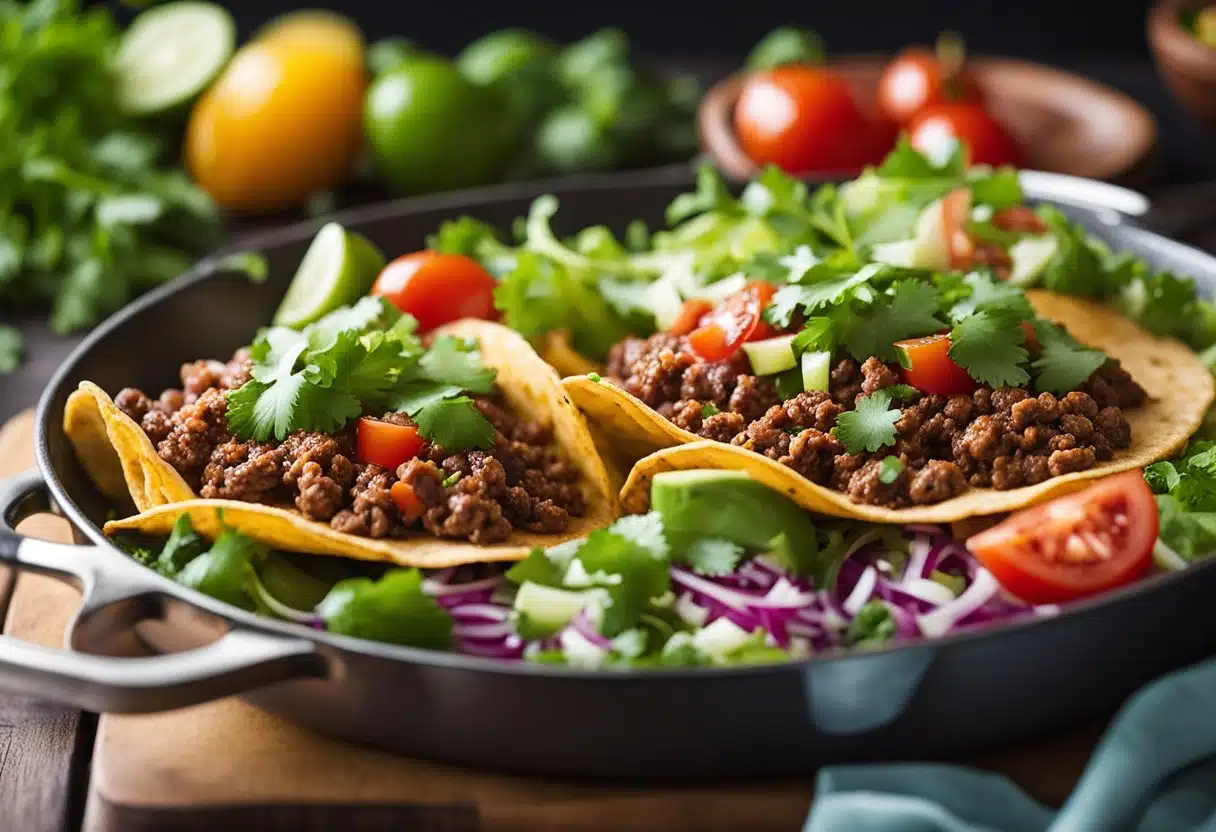 A sizzling skillet of ground beef tacos with colorful toppings and fresh cilantro, served alongside a vibrant summer salad