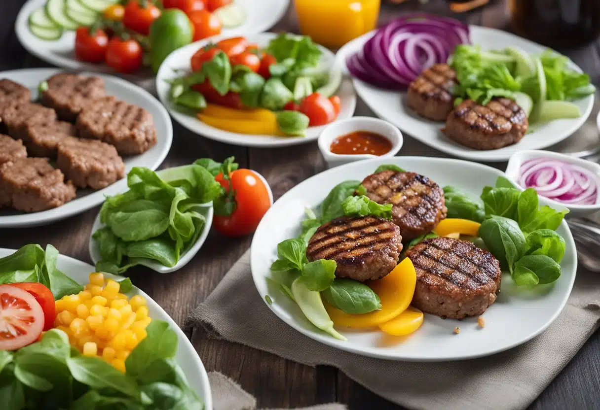 A sizzling grill cooks juicy ground beef patties, surrounded by vibrant summer vegetables and colorful condiments