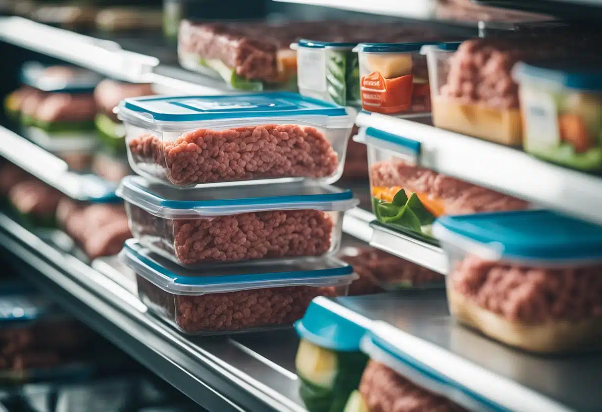 Ground beef in a sealed container on a refrigerator shelf, away from direct sunlight