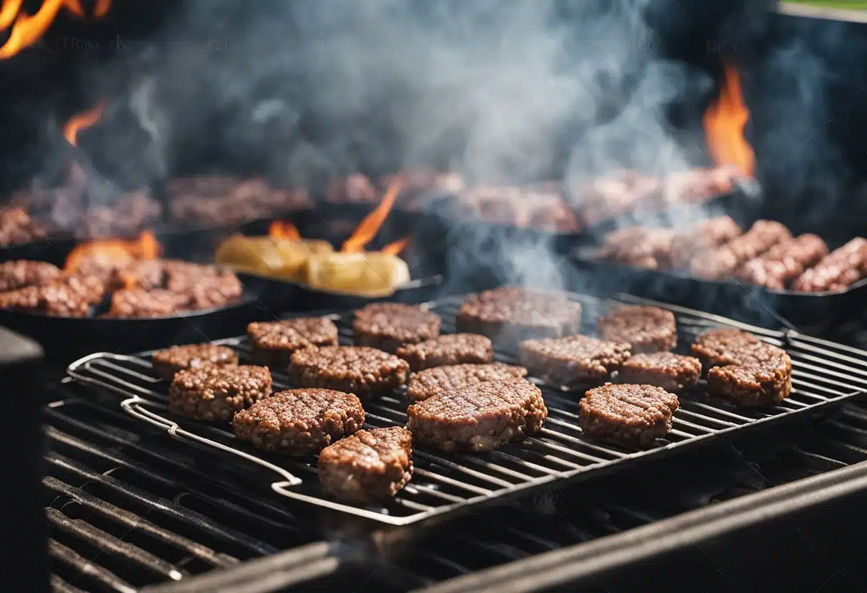 A sizzling grill cooks juicy ground beef for summer recipes. Ingredients and utensils surround the cooking area. Smoke rises as the meat sizzles